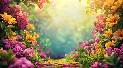 Vibrant Pink and Yellow Flowers Blooming Path in a Lush Garden