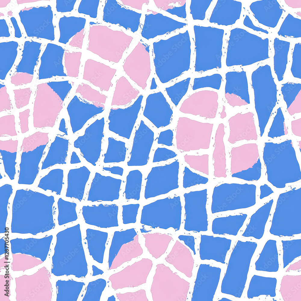 Poster abstract pattern cracked blue, pink shapes with white web overlays the background. seamless pattern.