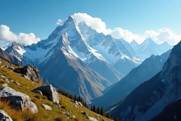 Majestic mountain range with snow-capped peaks and clouds in the distance, rugged, vast, mountains