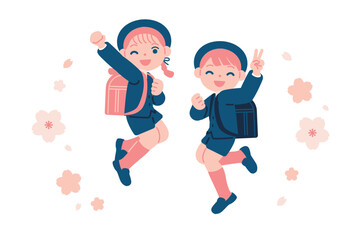 Fototapeta premium 入学式や始業式で嬉しそうな小学生の男の子と女の子