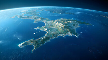 Fototapeta premium Island at Night: Aerial Satellite View of Coastal City Lights