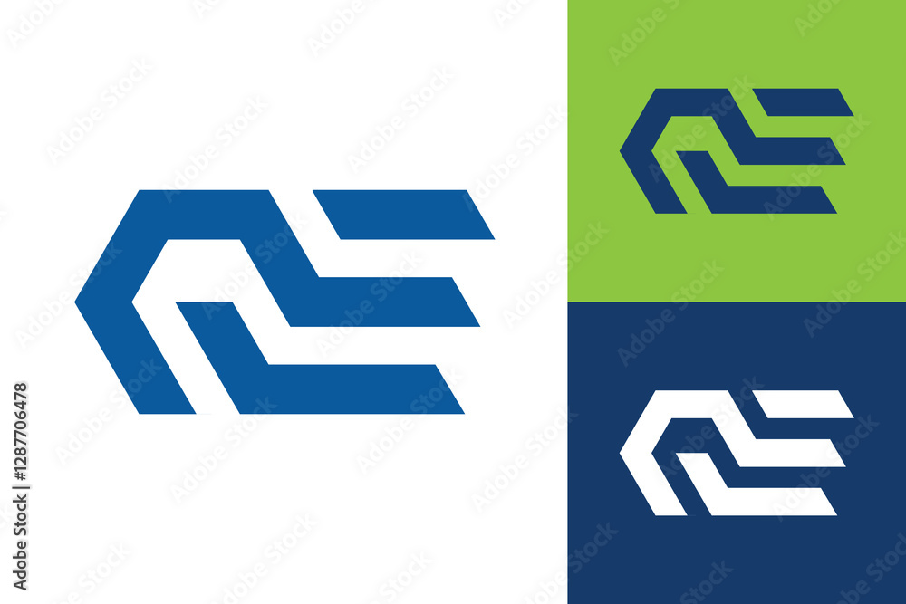 Poster the image shows a flat logo design of an initial letter qe connected in modern style in dark blue co