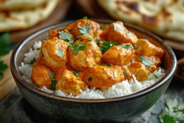 Delicious chicken tikka masala served over fluffy rice in rustic bowl with fresh cilantro garnish and naan bread on wooden table