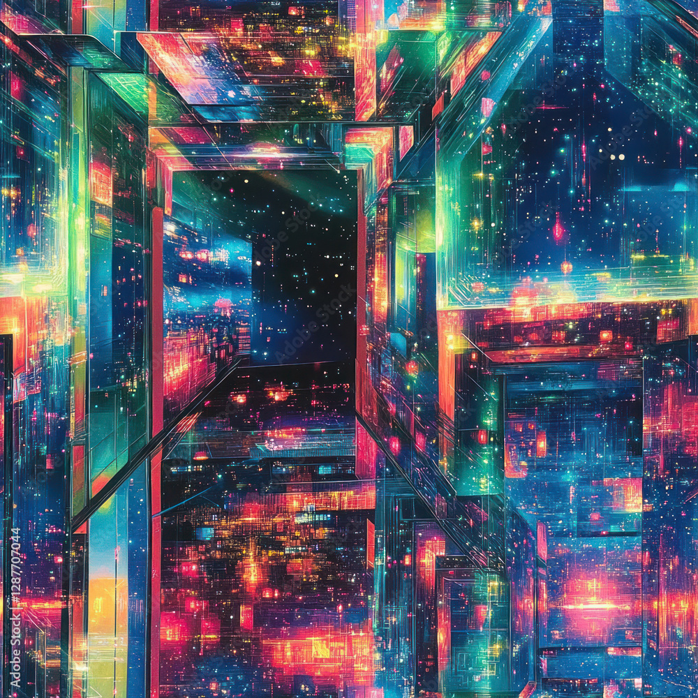 Poster abstract perspective; neon colors in building interior; starry, luminous background