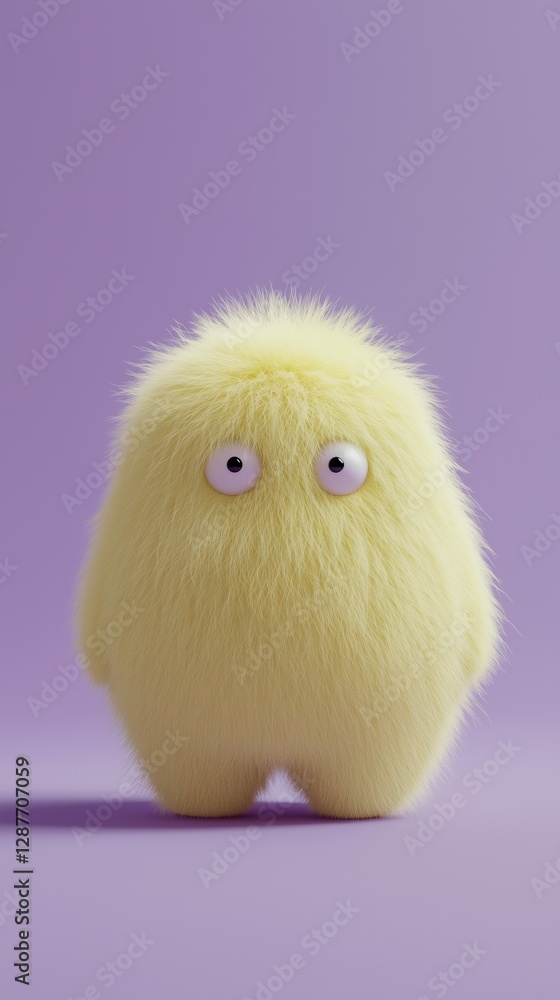 Poster adorable yellow fuzzy creature with big eyes stands on a purple background casting a soft shadow a c