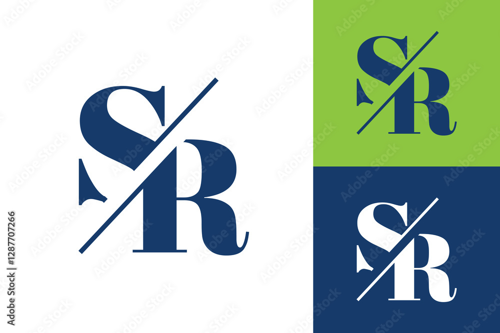 Poster the image shows a flat monogram logo design of an initial letter sr in serif font in dark blue color
