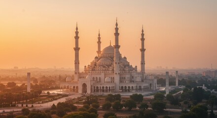 Obraz premium Majestic mosque at sunset with intricate architecture and serene surroundings