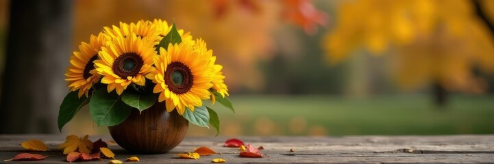 Fototapeta premium Richly colored sunflower arrangement on a rustic table amidst a backdrop of autumn foliage, fall, autumn, floral