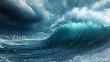 A dramatic seascape showcasing a towering wave under a stormy sky, capturing the power and beauty of nature.