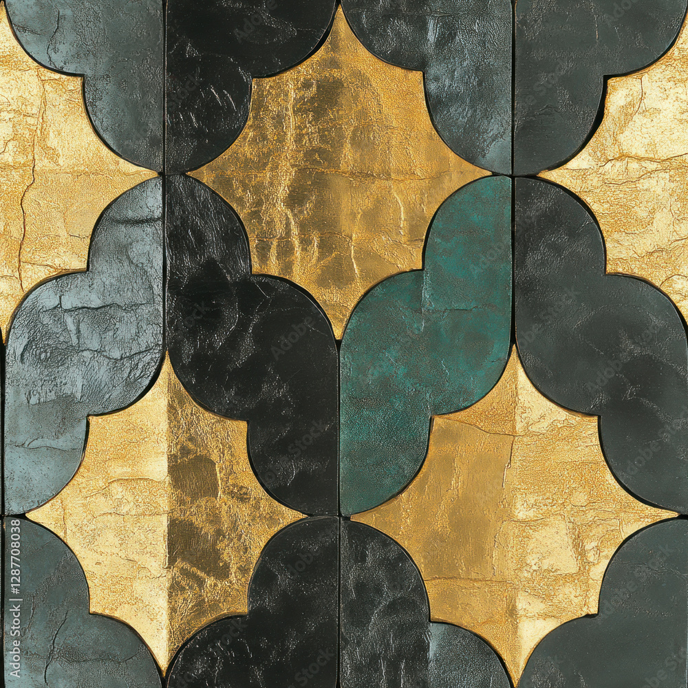 Poster abstract repeating petal pattern of gold, black & teal decorative tiles arranged indoors. seamless p