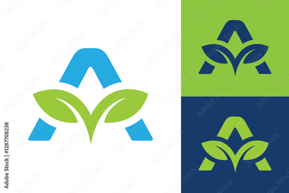 Aufkleber The image shows a flat logo design of an initial A in blue with a green plant in the center that looks clean and sharp on a white background