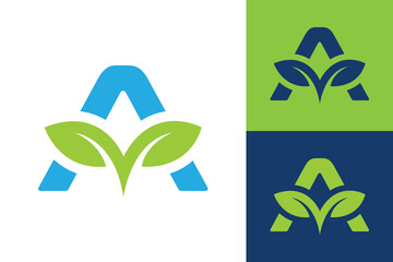 The image shows a flat logo design of an initial A in blue with a green plant in the center that looks clean and sharp on a white background