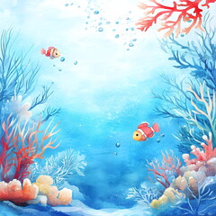 Fototapeta premium Watercolor Underwater Scene Featuring Vibrant Coral Reefs, Colorful Fish, and Soft Blue Tones – A Serene Ocean Vibe Captured in High Quality, Perfect for Artistic and Decorative Use