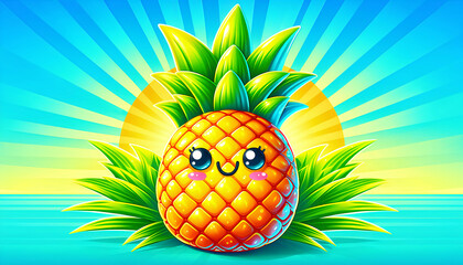 Cute cartoon pineapple surrounded by bright background with sun rays on the sea. Fun illustration design for summer holidays concept.