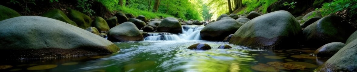 River water flowing over smooth rounded rocks in the forest,, woodland stream