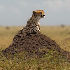 Fototapeta premium Alert cheetah sits on a termite mound looking for prey in African grassland