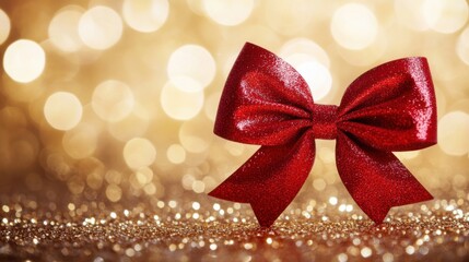 Sparkling red bow with a golden background creates a festive atmosphere for celebrations and gift-giving occasions