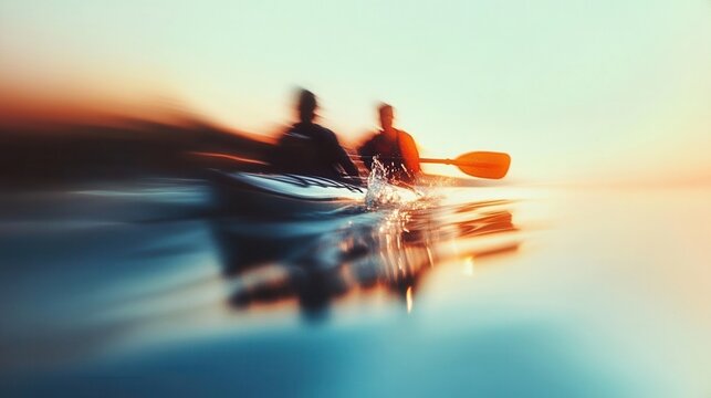 Kayaking adventure at sunset on the tranquil lake.