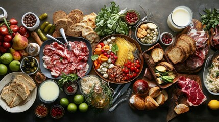 Clean eating plate layout, perfectly portioned food groups, seasonal fruits vegetables arranged clockwise, artisanal breads pasta, premium meat cuts, fresh milk in clear glass, stainless cutlery,