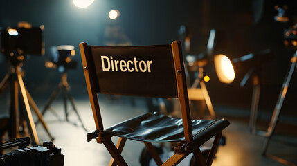 Close-up of a director's chair with the inscription "Director" on the back, surrounded by filming equipment