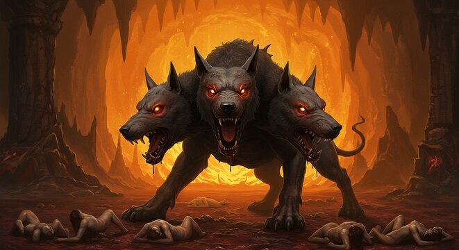 Three headed dog guards a cavern with human bodies