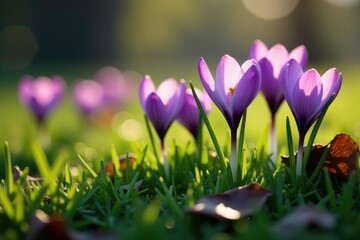 Soft light highlights the delicate purple crocus flowers amidst wet grass, soft, grass, morning