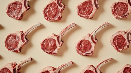 Ultra-detailed raw tomahawk steaks arrangement, premium beef cuts with marbled texture, exposed bone handle, symmetrical pattern layout, natural meat coloring, soft beige backdrop, professional food
