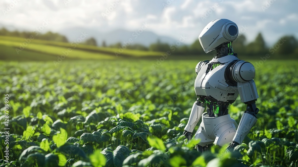 Poster smart farm where robots continuously monitor the environment, ensuring crops grow perfectly in every