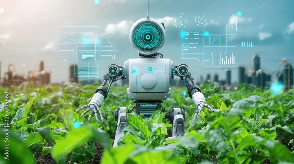 Poster smart farm where robots continuously monitor the environment, ensuring crops grow perfectly in every