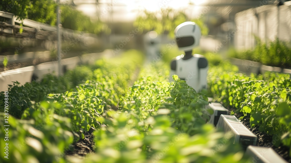 Poster smart farm where robots continuously monitor the environment, ensuring crops grow perfectly in every
