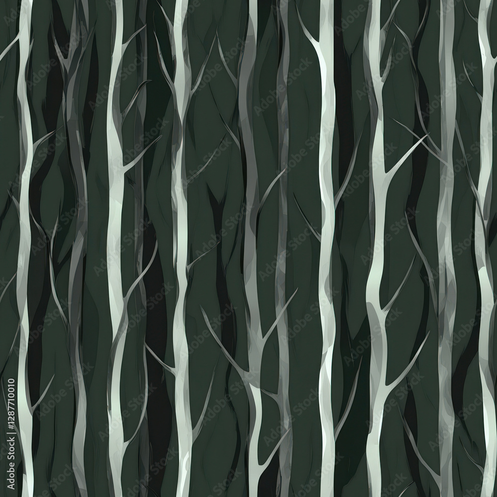 Poster abstract silhouetted trees rise in dark forest, graphic pattern background. seamless pattern. repeat