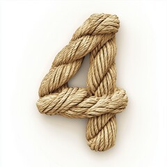 Fototapeta premium Of the number 4 made of twisted rope fibers in natural beige tones with visible rough strands, isolated on a clean white background