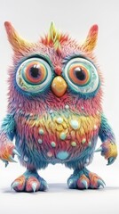 Naklejka premium Whimsical brightly colored owl creature with a fluffy texture and large mesmerizing eyes against a clean