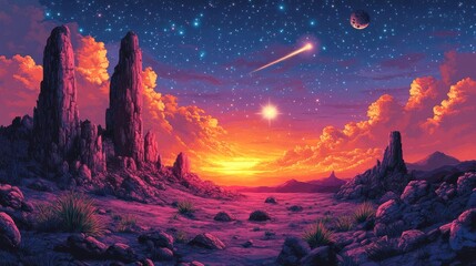 Surreal sunset landscape with alien planet, shooting star, and towering rock formations.