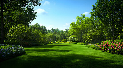 Fototapeta premium Lush Green Garden Landscape with Colorful Flowers and Sunlit Pathway