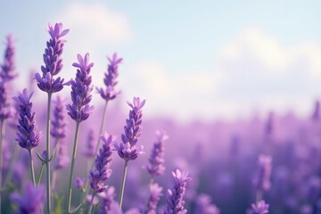 Fototapeta premium Soft pastel hues of lavender bloom in a serene field of tall flowers, soft pastels, purple