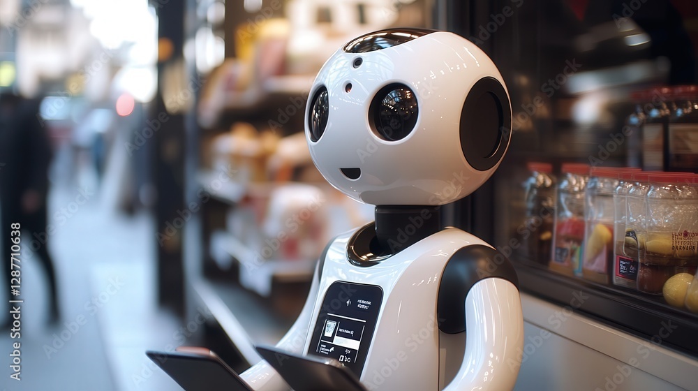 Poster robot that serves as a customer service representative in retail environments, answering questions, 