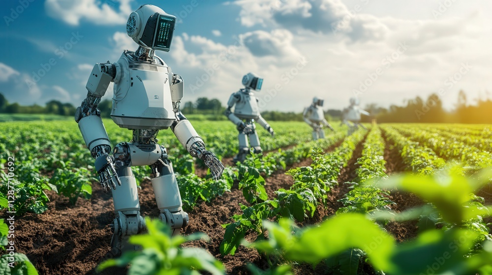 Poster advanced agricultural system where robots monitor every aspect of crop care and optimize growth with