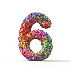 Of the number 6 made of colorful candy sprinkles tightly packed in a vibrant rainbow pattern, isolated on a clean white background