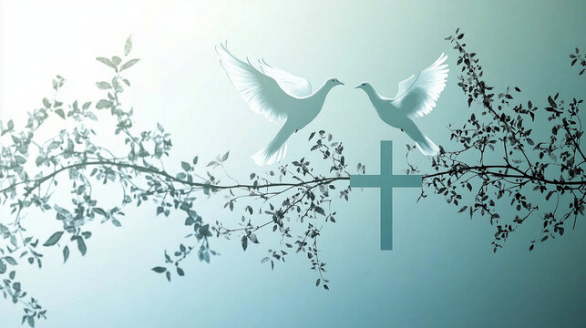 A serene First Communion design featuring two white doves flying near a minimalist cross, with a soft blue-to-white gradient background, symbolizing purity and spirituality.