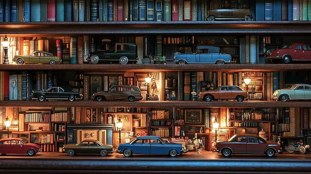 Miniature vintage classic cars displayed on shelves amongst a library of books and warm lighting.