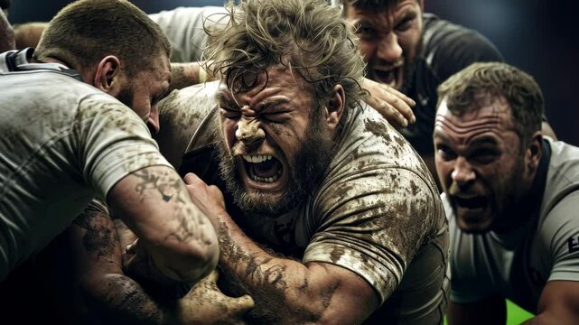 A powerful rugby match showcasing athletes' fierce determination in a muddy field during a heated moment of competition in an intense evening showdown