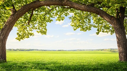 Fototapeta premium Two Trees Arching Over Lush Green Field Under Sunny Sky