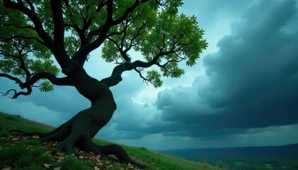Twisted tree branches tangled in a stormy sky, leaves, forest
