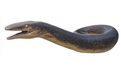 Obraz premium Prehistoric marine reptile, open mouth, coiled body, isolated on white