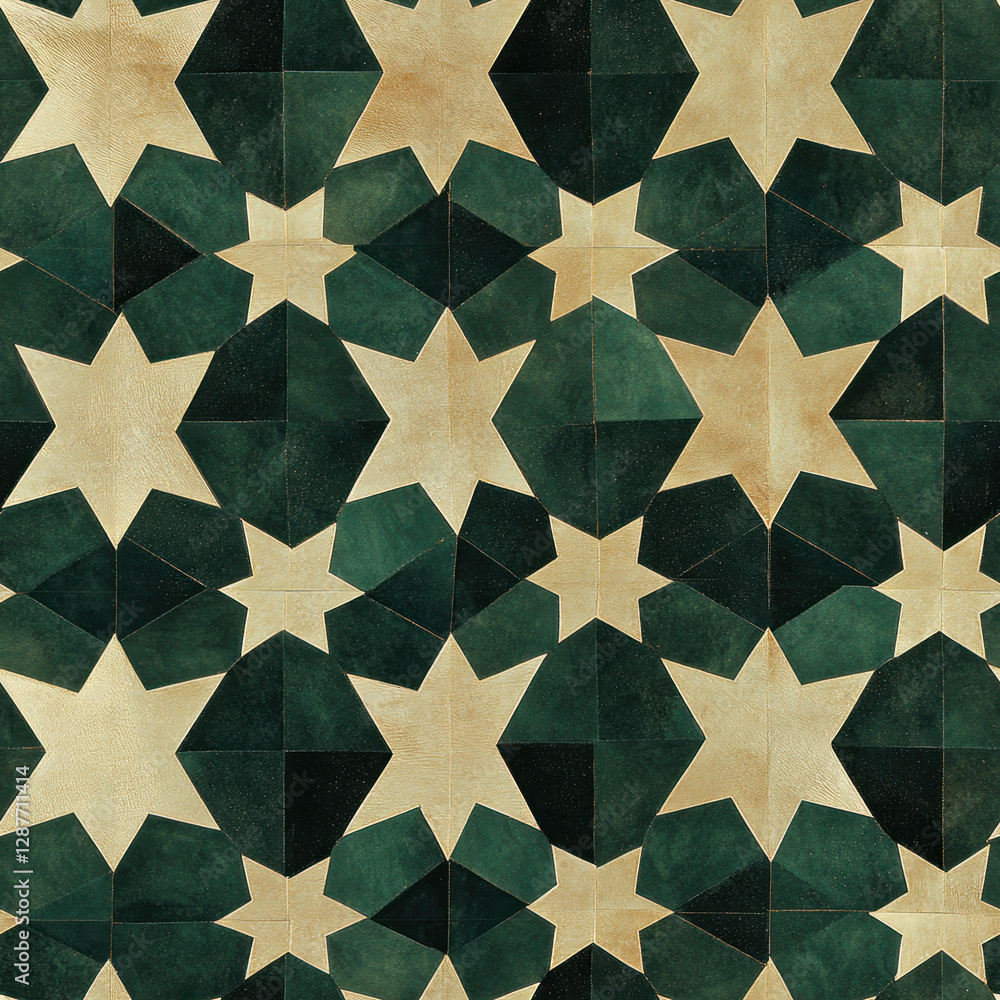 Poster abstract star tiles pattern. decorative geometric shapes layered mosaic backdrop in emerald and beig