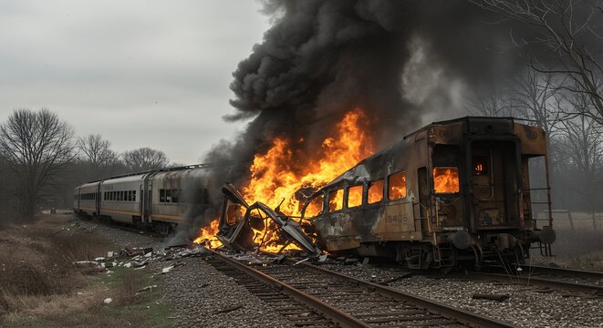 Train wreck with flames engulfing one of the passenger cars