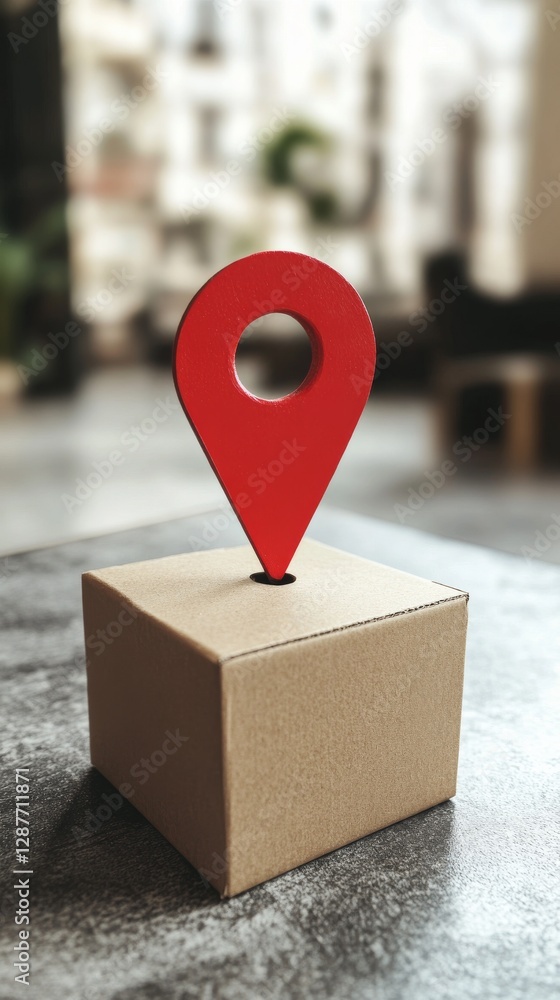 Leinwandbilder red map pin on cardboard box in blurred background, symbolizing location and navigation concept