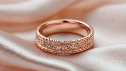 Elegant rose gold ring with intricate engraving resting on luxurious silk fabric