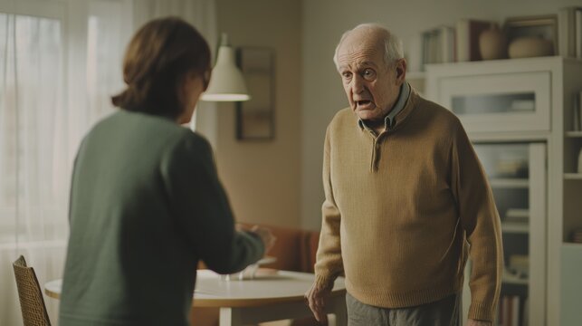 Dementia symptoms in an elderly person showing signs of aggression. Featuring confusion and frustration